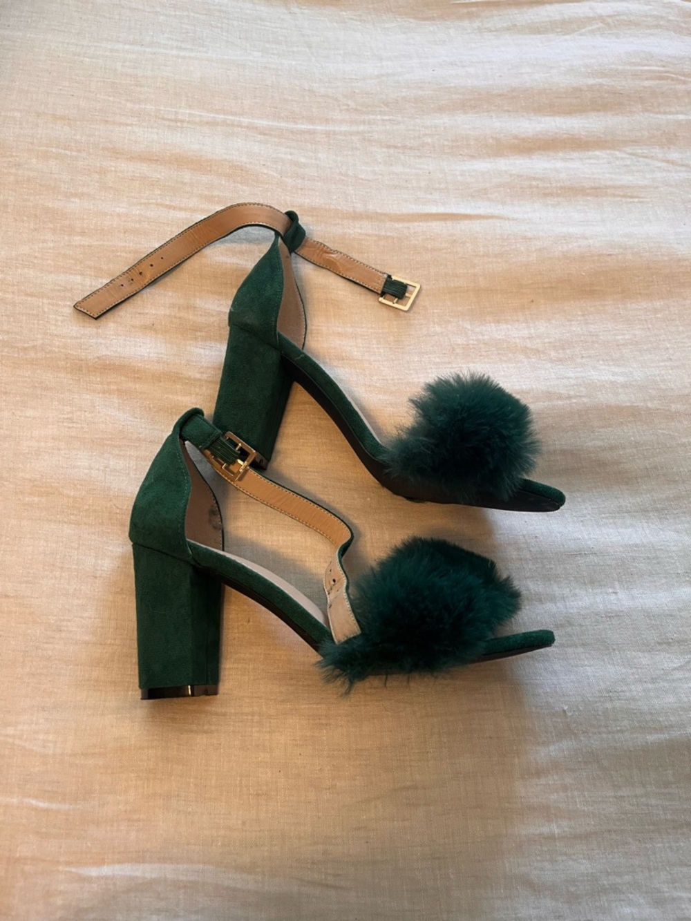 Allegra K Dark Green Suede Block Heel Sandals with Pom
